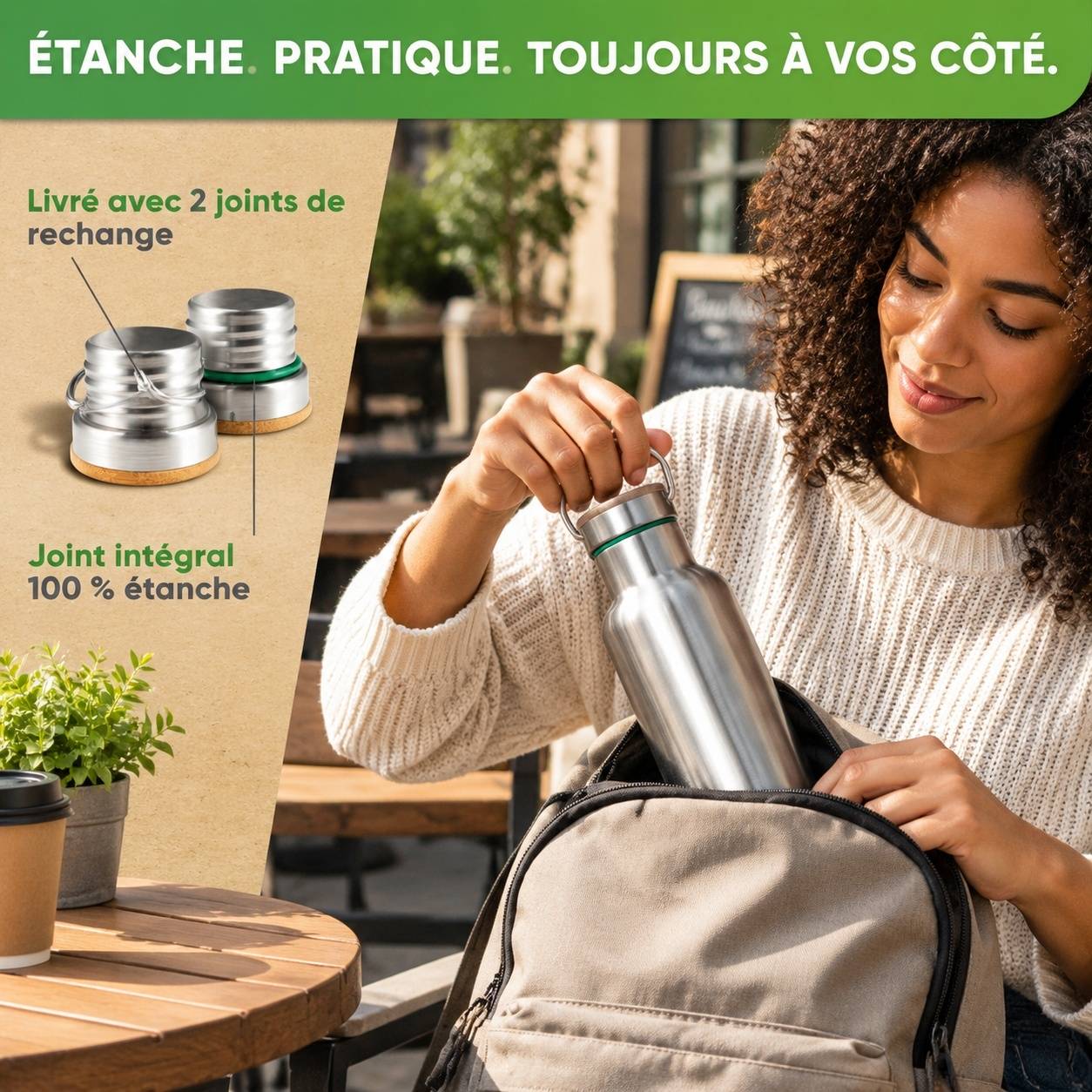 Bouteille Isotherme Acier Inoxydable Étanche Lavable Lave-Vaisselle Avec Sac Jute - Image 6