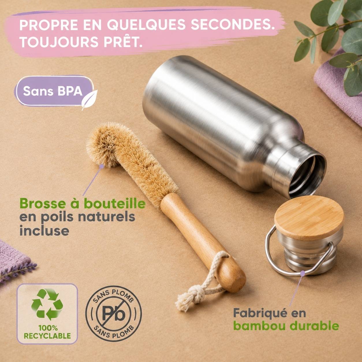 Bouteille Isotherme Acier Inoxydable Étanche Lavable Lave-Vaisselle Avec Sac Jute - Image 4