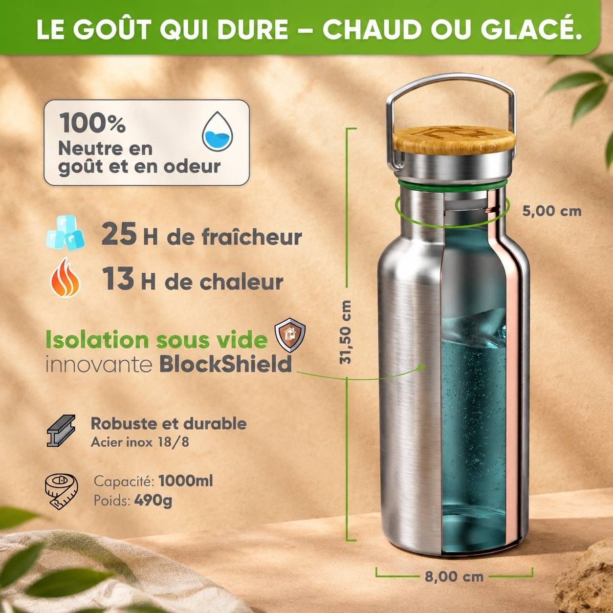 Bouteille Isotherme Acier Inoxydable Étanche Lavable Lave-Vaisselle Avec Sac Jute - Image 3