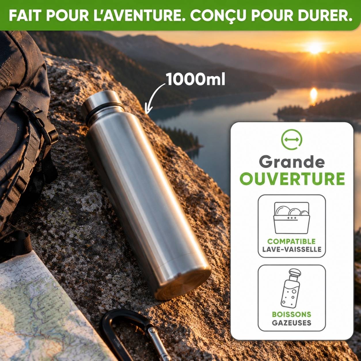 Bouteille Isotherme Acier Inoxydable Étanche Lavable Lave-Vaisselle Avec Sac Jute - Image 2