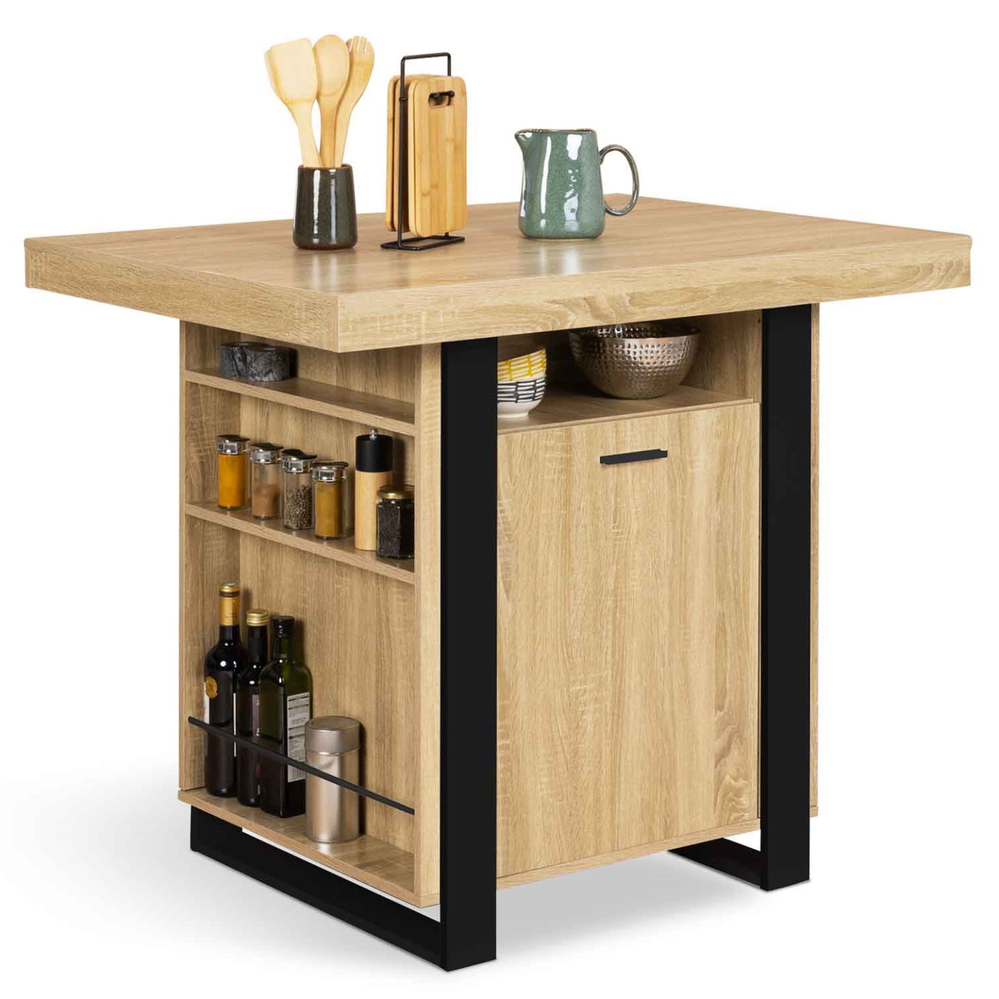 Ilot central PHOENIX 110 cm bois et noir avec rangements - Image 2