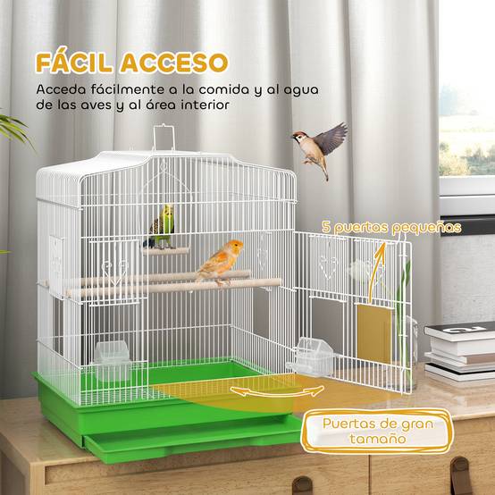 Cage pour oiseaux en acier avec 2 mangeoires, 2 perchoirs, balançoire et bac amovible, poignée, 46,5x36x59 cm, verte - Image 6