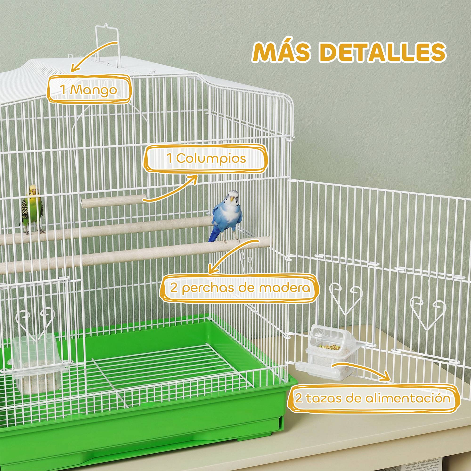 Cage pour oiseaux en acier avec 2 mangeoires, 2 perchoirs, balançoire et bac amovible, poignée, 46,5x36x59 cm, verte - Image 8