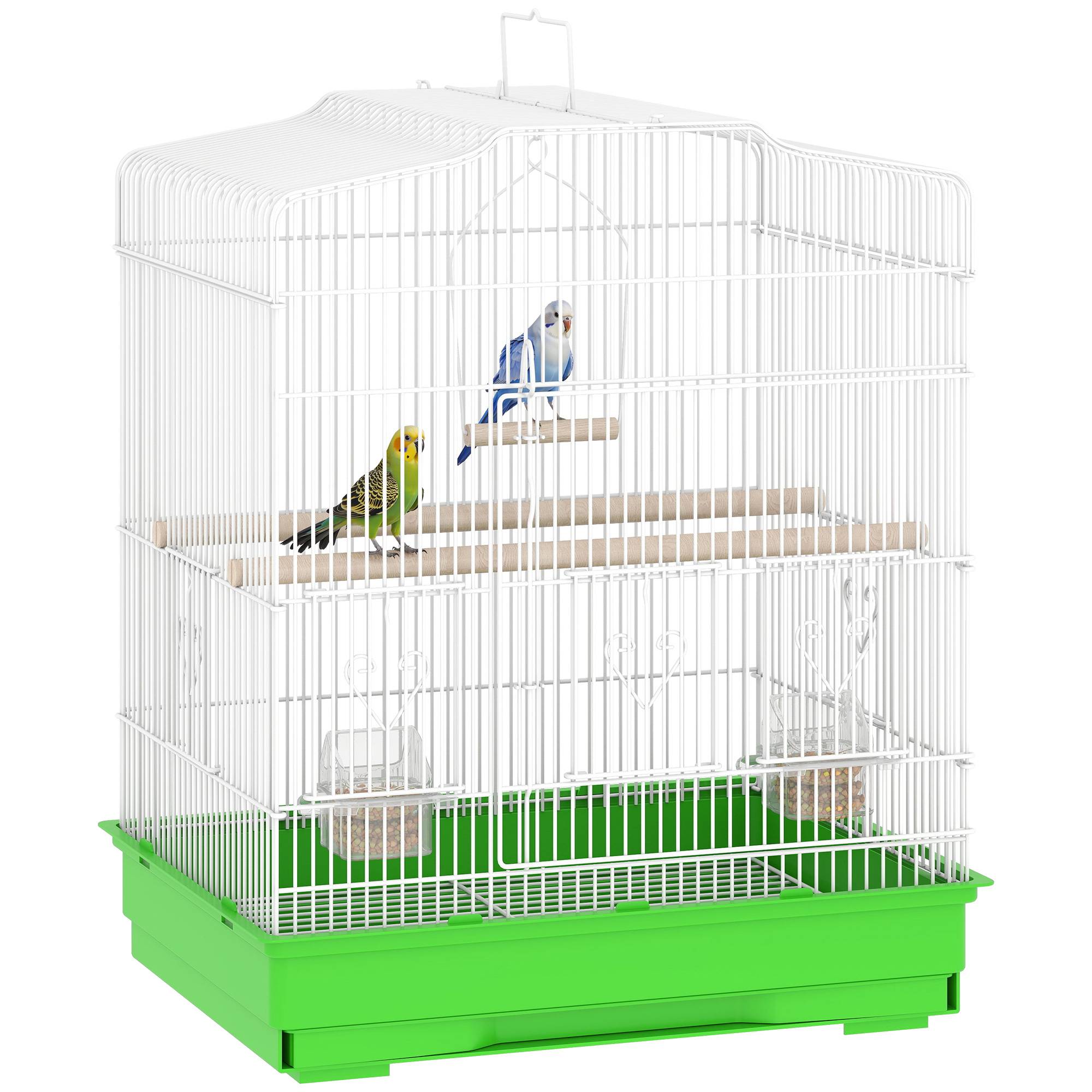Cage pour oiseaux en acier avec 2 mangeoires, 2 perchoirs, balançoire et bac amovible, poignée, 46,5x36x59 cm, verte - Image 1