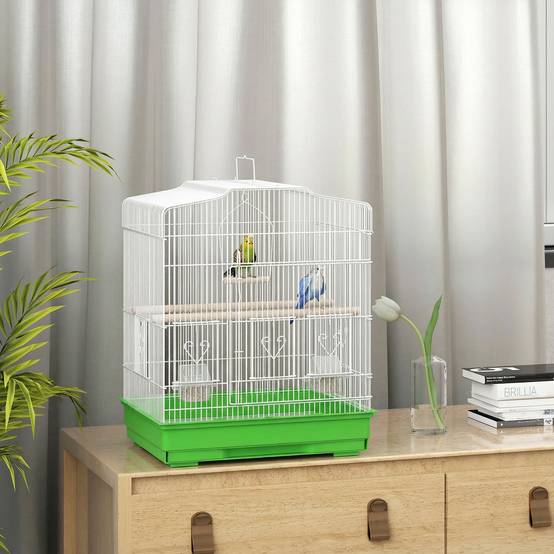 Cage pour oiseaux en acier avec 2 mangeoires, 2 perchoirs, balançoire et bac amovible, poignée, 46,5x36x59 cm, verte - Image 3