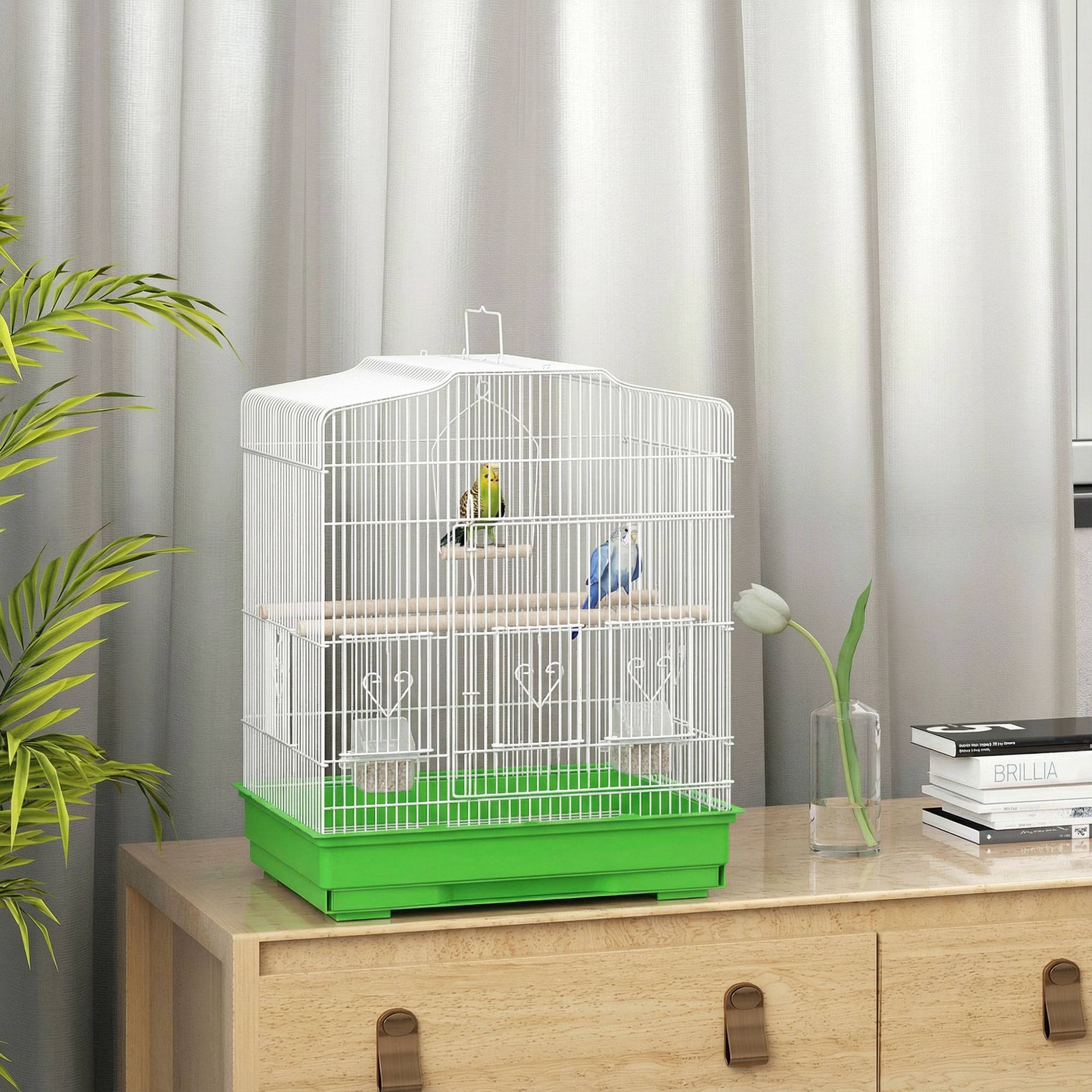 Cage pour oiseaux en acier avec 2 mangeoires, 2 perchoirs, balançoire et bac amovible, poignée, 46,5x36x59 cm, verte - Image 3