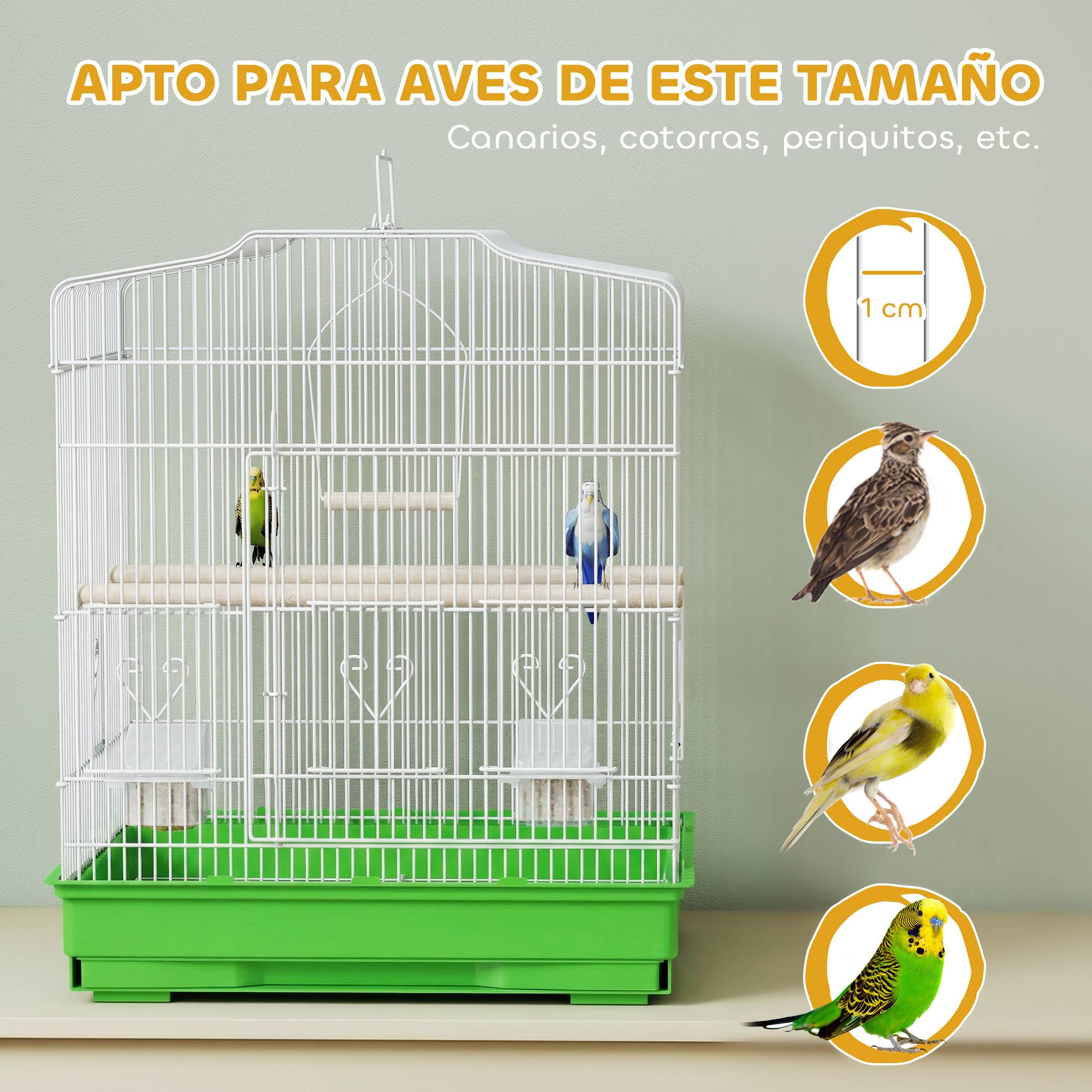 Cage pour oiseaux en acier avec 2 mangeoires, 2 perchoirs, balançoire et bac amovible, poignée, 46,5x36x59 cm, verte - Image 9