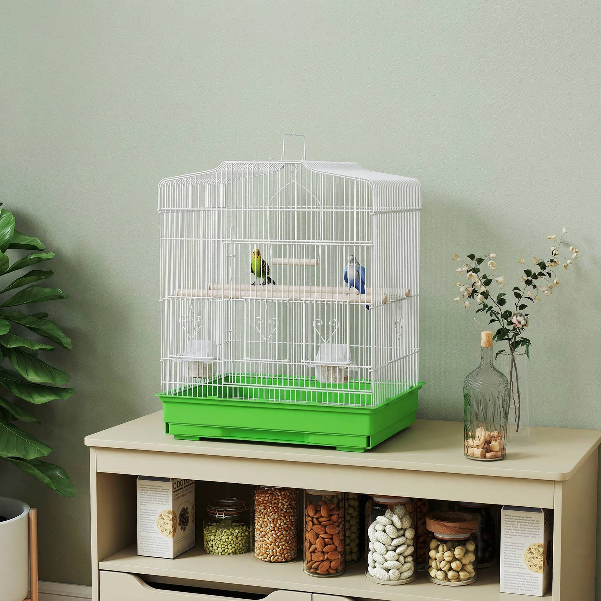 Cage pour oiseaux en acier avec 2 mangeoires, 2 perchoirs, balançoire et bac amovible, poignée, 46,5x36x59 cm, verte - Image 4