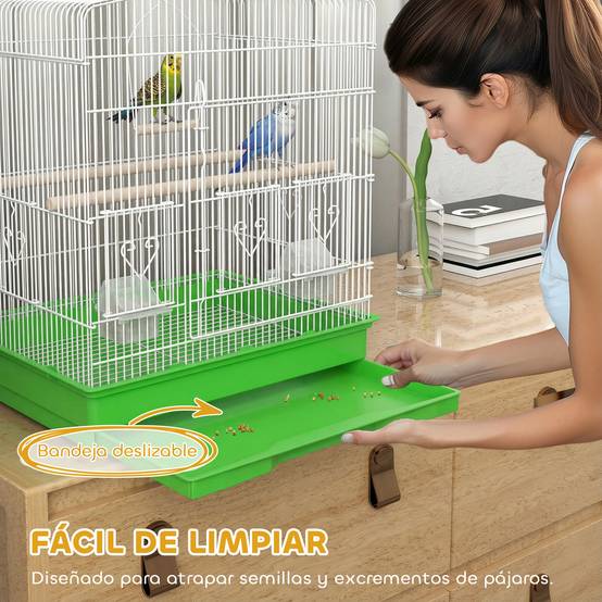 Cage pour oiseaux en acier avec 2 mangeoires, 2 perchoirs, balançoire et bac amovible, poignée, 46,5x36x59 cm, verte - Image 7