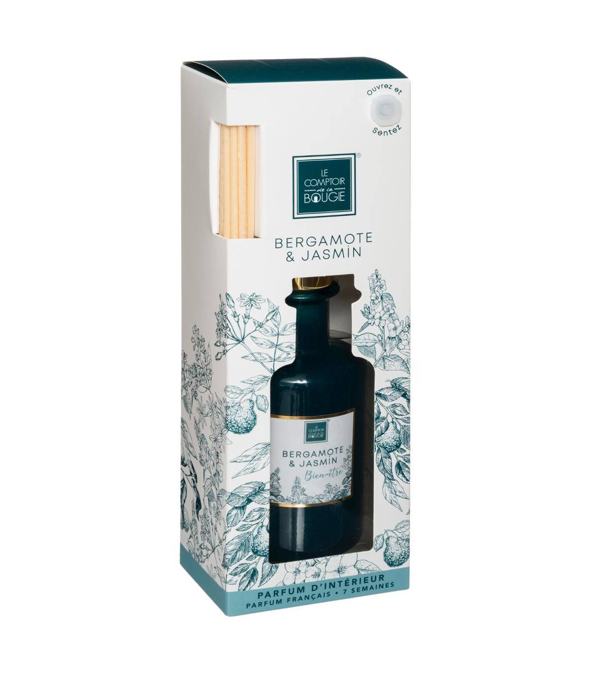 Diffuseur de parfum Bergamote et Jasmin 200 ml avec 8 Bâtonnets en rotin - Imagen 2