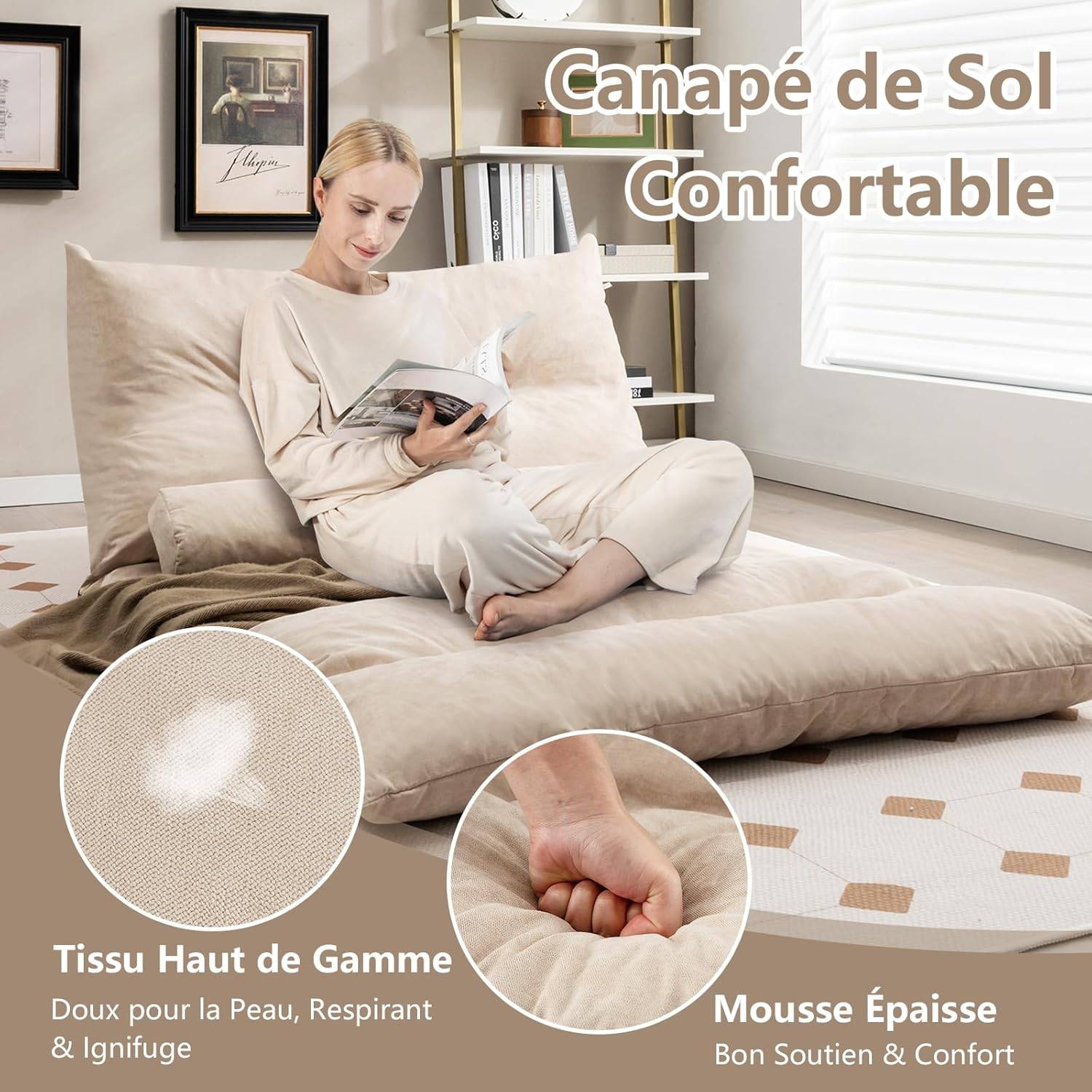 Canapé-lit Paresseux Pliable, Canapé Convertible avec Dossier Réglable à 42 Positions, pour Salon, Chambre, Balcon (Beige) - Image 6