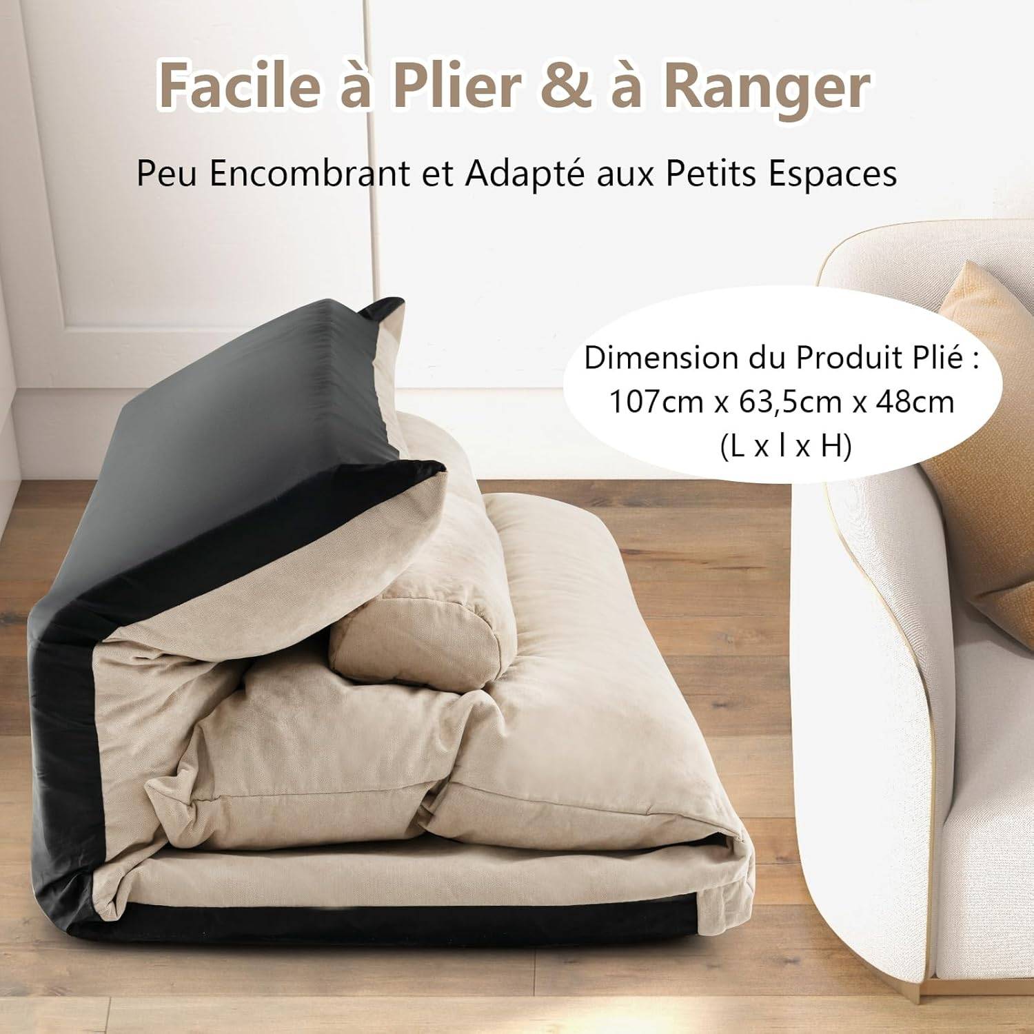 Canapé-lit Paresseux Pliable, Canapé Convertible avec Dossier Réglable à 42 Positions, pour Salon, Chambre, Balcon (Beige) - Image 7