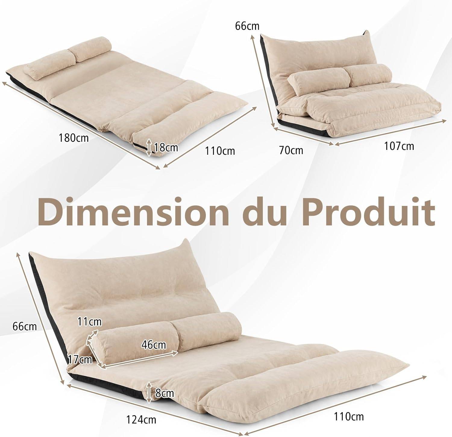 Canapé-lit Paresseux Pliable, Canapé Convertible avec Dossier Réglable à 42 Positions, pour Salon, Chambre, Balcon (Beige) - Image 3