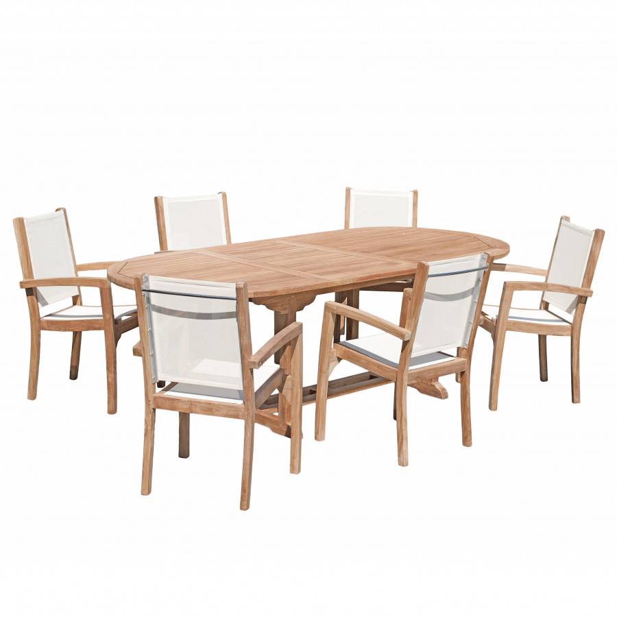 HARRIS - SALON DE JARDIN EN BOIS TECK 8/10 pers. - 1 Table ovale extensible 180*240/100cm et 6 fauteuils textilène - Image 1