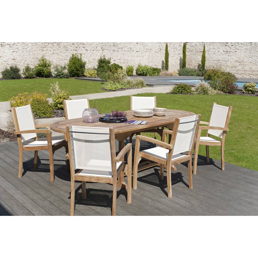 HARRIS - SALON DE JARDIN EN BOIS TECK 8/10 pers. - 1 Table ovale extensible 180*240/100cm et 6 fauteuils textilène - Image 3
