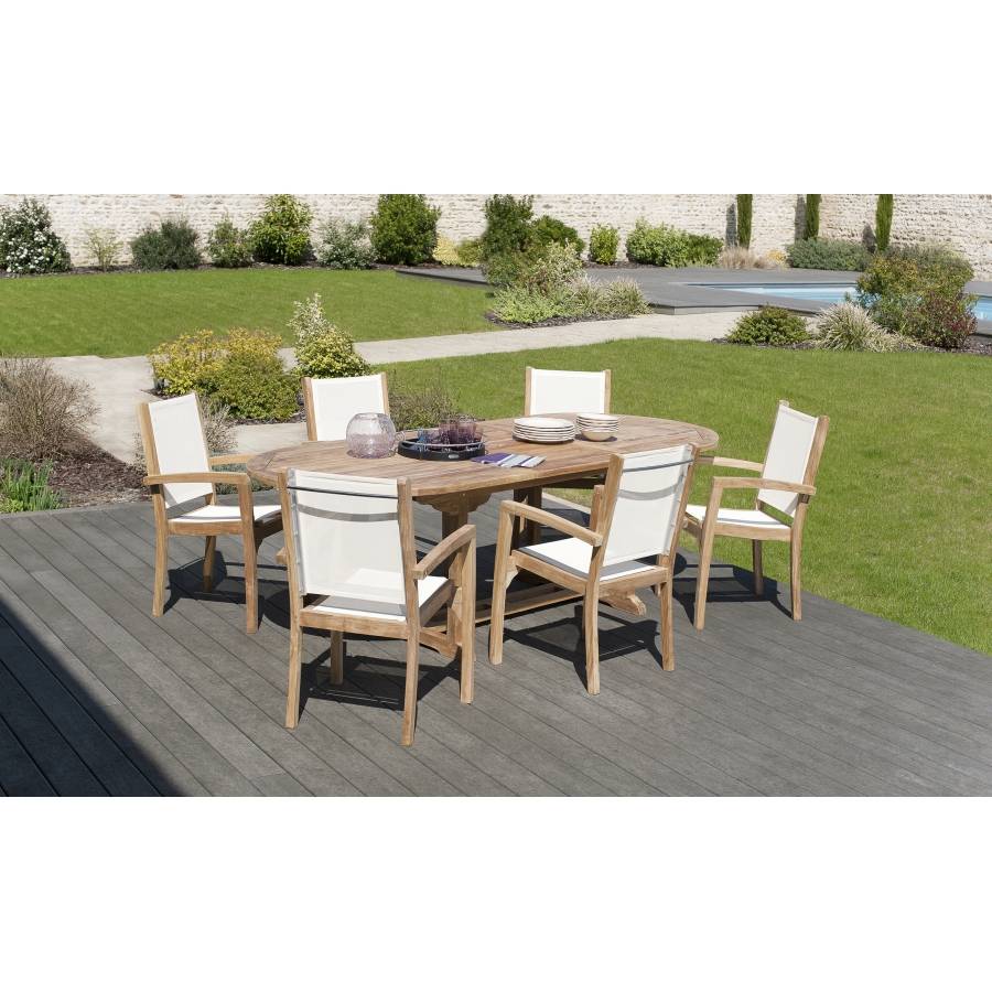 HARRIS - SALON DE JARDIN EN BOIS TECK 8/10 pers. - 1 Table ovale extensible 180*240/100cm et 6 fauteuils textilène - Image 2