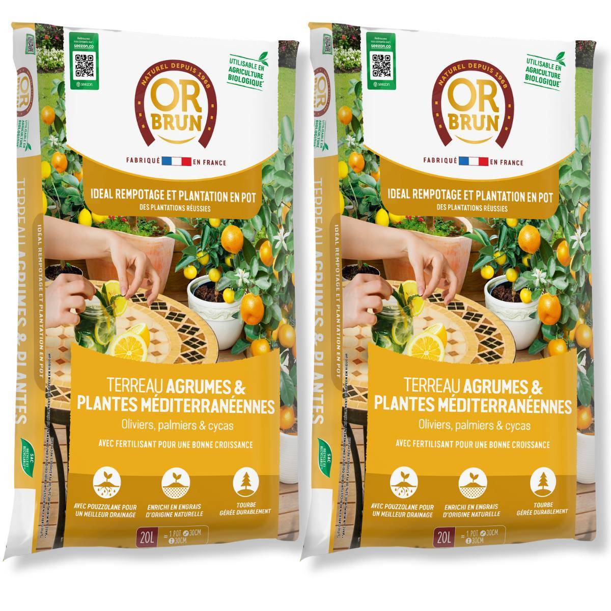 Lot de 2 Terreau OR BRUN Agrumes & Plantes Méditerranéennes 20L - Le Secret d'une Floraison Réussie