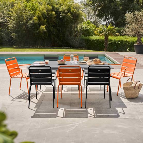 Oviala - Ensemble table de jardin et 8 fauteuils en métal orange et gris Palavas - Oviala - Imagen 2