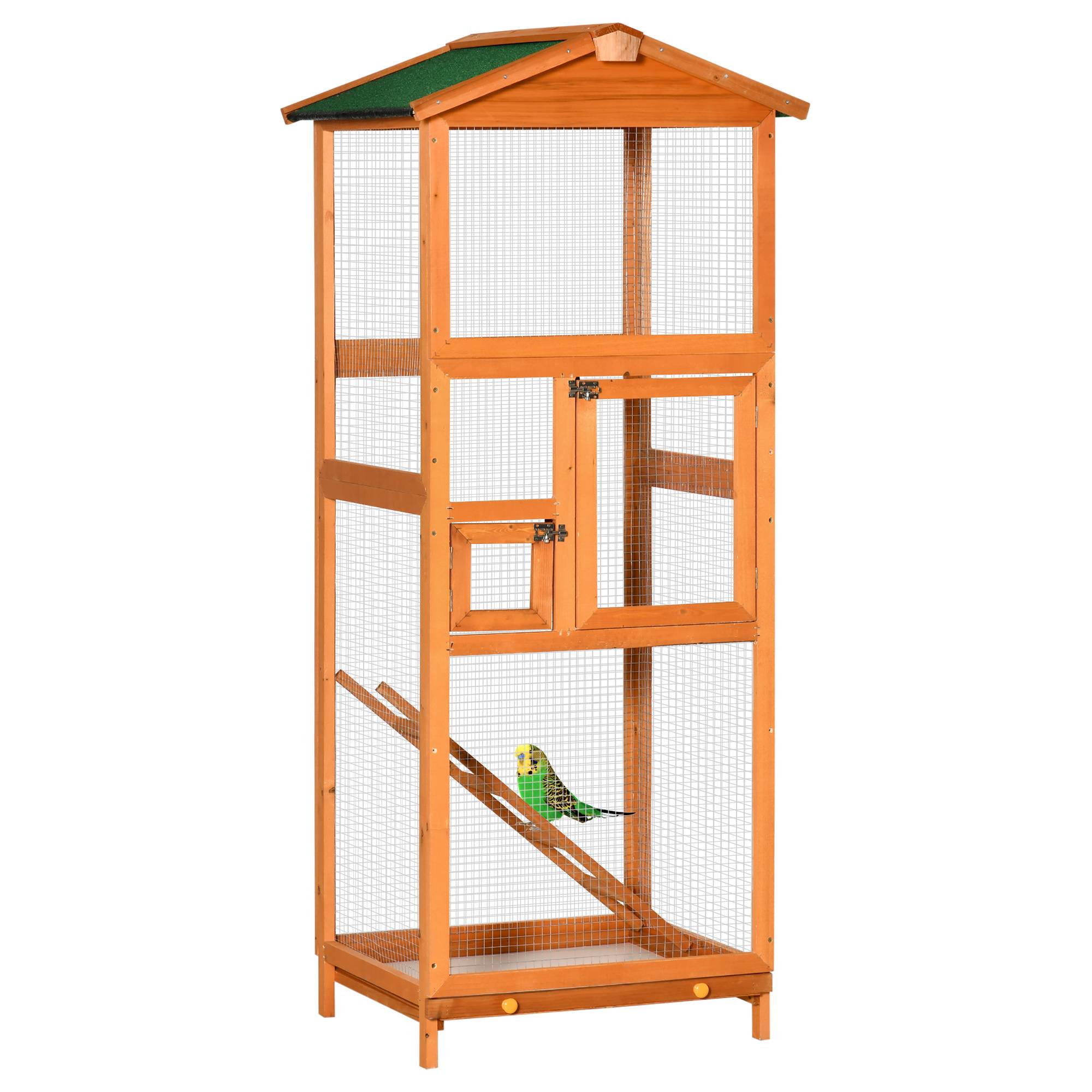 Pawhut - Volière cage à oiseaux - 2 portes tiroir déjection coulissant échelle toit bitumé - bois sapin pré-huilé - Imagen 1