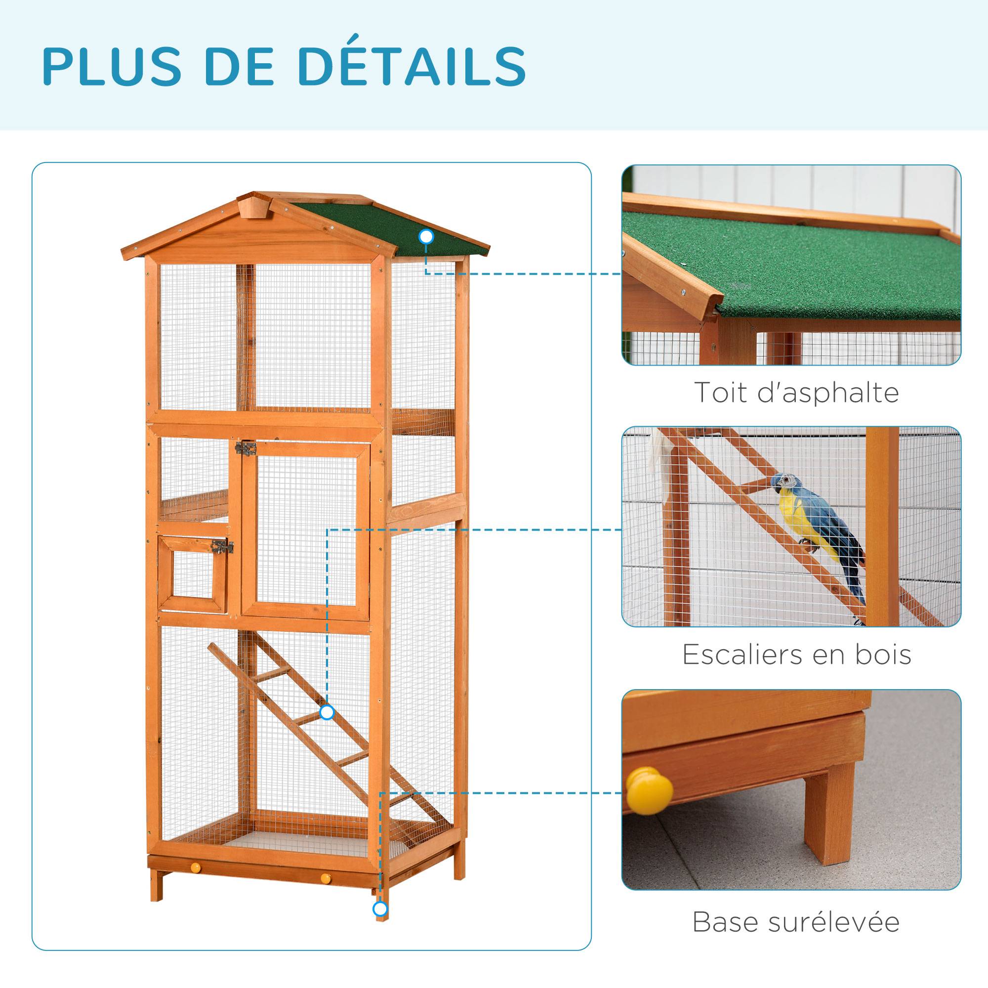 Pawhut - Volière cage à oiseaux - 2 portes tiroir déjection coulissant échelle toit bitumé - bois sapin pré-huilé - Imagen 7