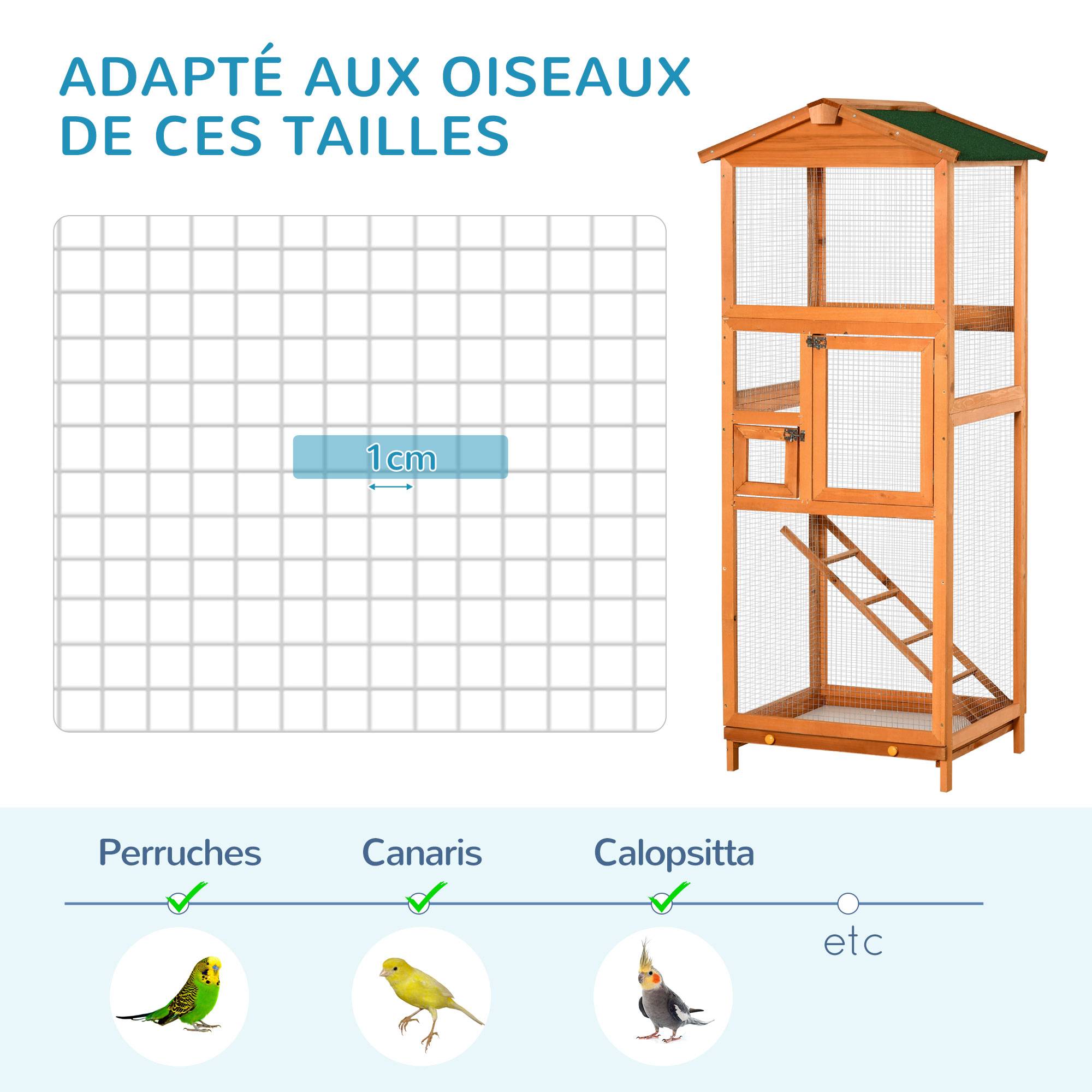 Pawhut - Volière cage à oiseaux - 2 portes tiroir déjection coulissant échelle toit bitumé - bois sapin pré-huilé - Imagen 6