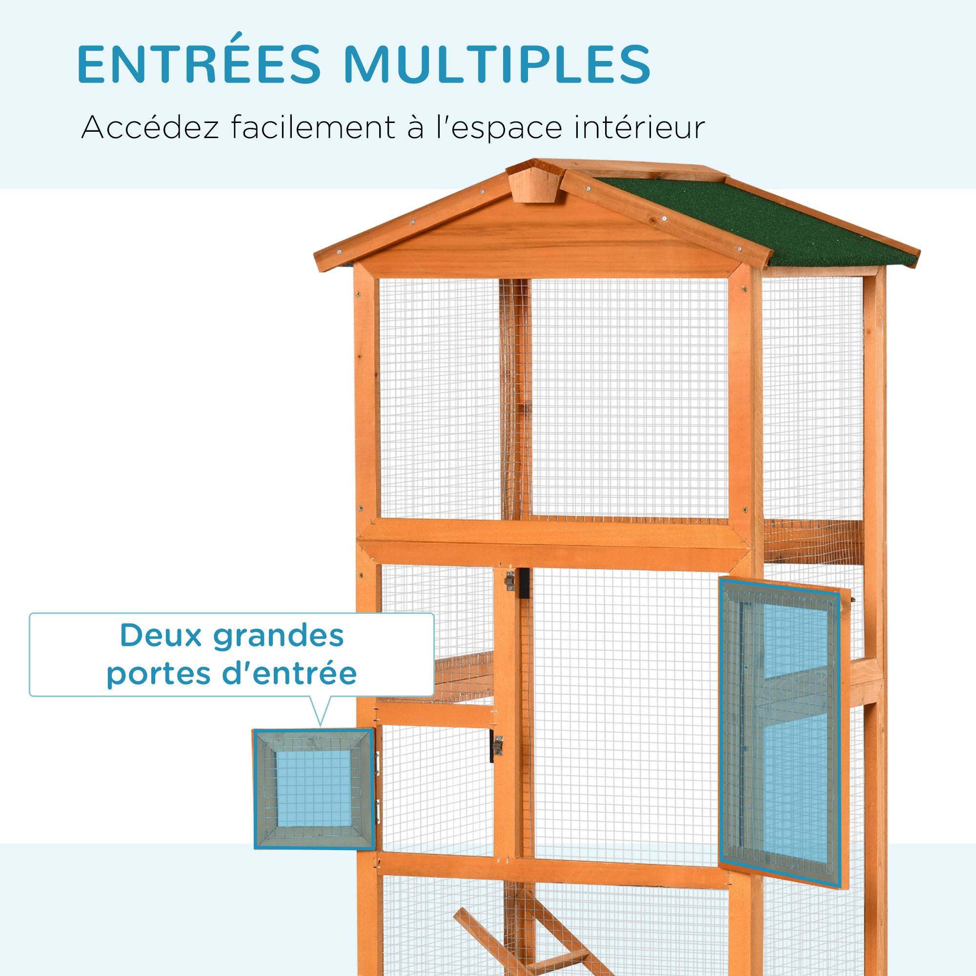 Pawhut - Volière cage à oiseaux - 2 portes tiroir déjection coulissant échelle toit bitumé - bois sapin pré-huilé - Imagen 5