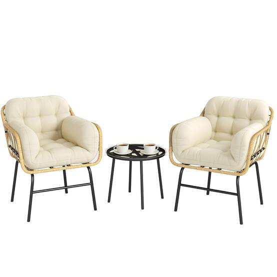 Sans Marque - Salon Jardin Extérieur 3 Pièces Résine Tressée Table Verre Trempé 2 Fauteuils Coussins 62x73x79cm Crème - Image 1