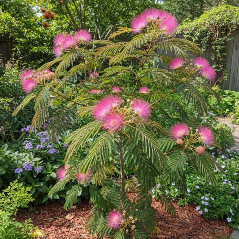 Arbre à soie Rouge Sélection, Albizia à fleurs Rose - feuillage Caduc - Pot de 7,5L - 80/100 cm-  hauteur à maturité De 3,00 m à 5,00 m - Imagen 3