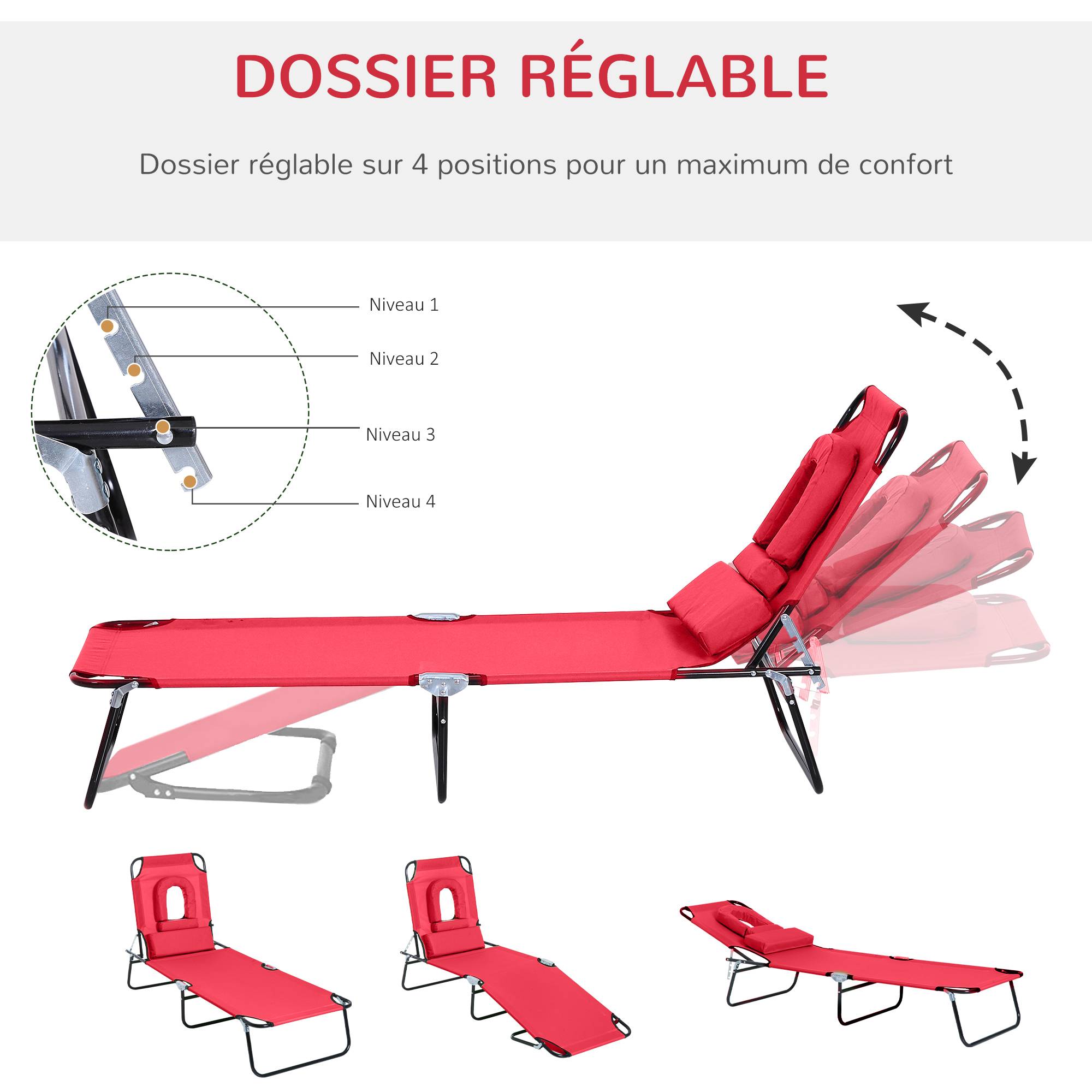ComfortXL - Bain de soleil transat pliable Acier jardin terrasse dossier inclinable rouge - ComfortXL Outdoor Living - Image 6