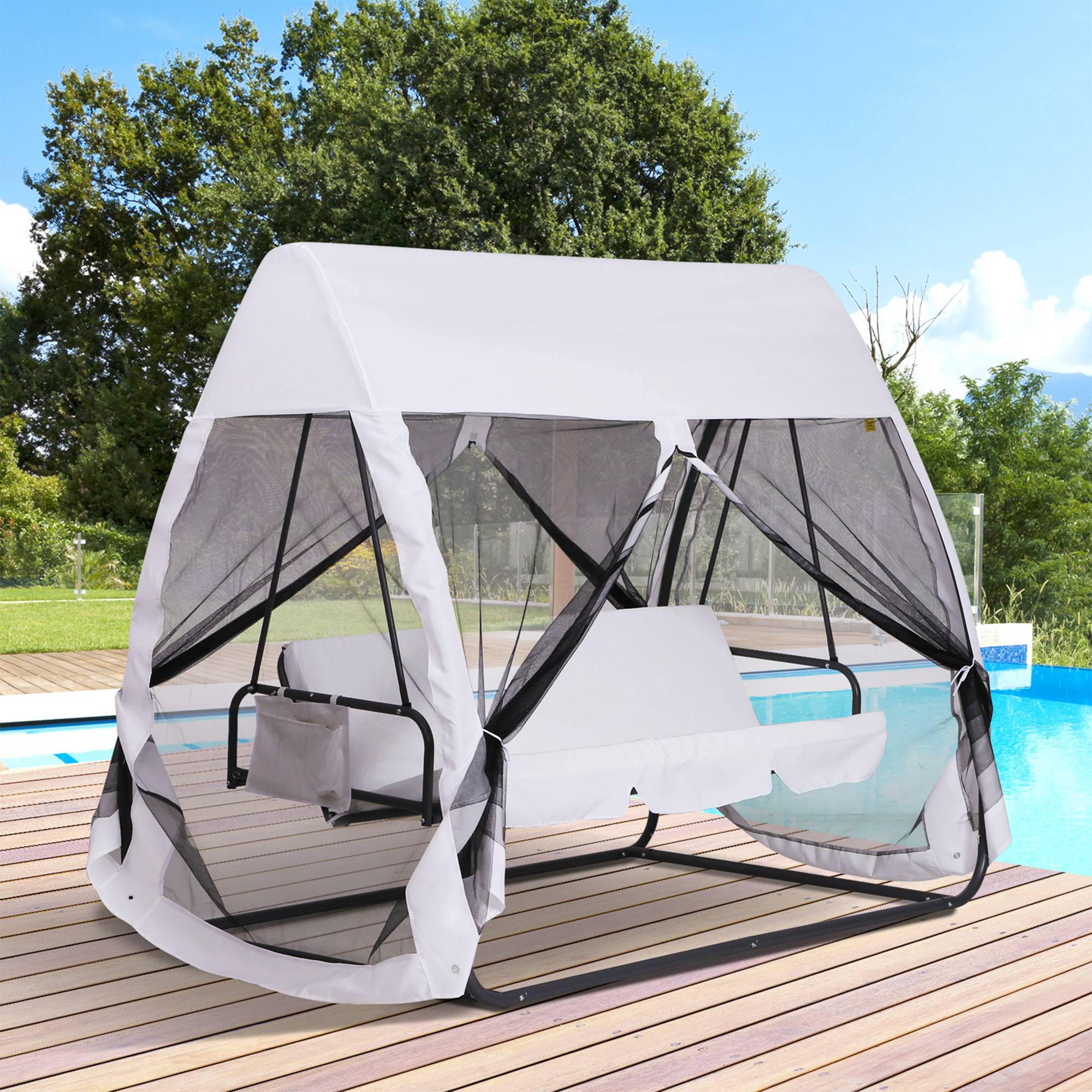 Outsunny - Balancelle de jardin convertible 3 places - matelas, moustiquaire intégrale zippée, toit,  rangement - métal époxy polyester blanc - Outsunny - Imagen 2