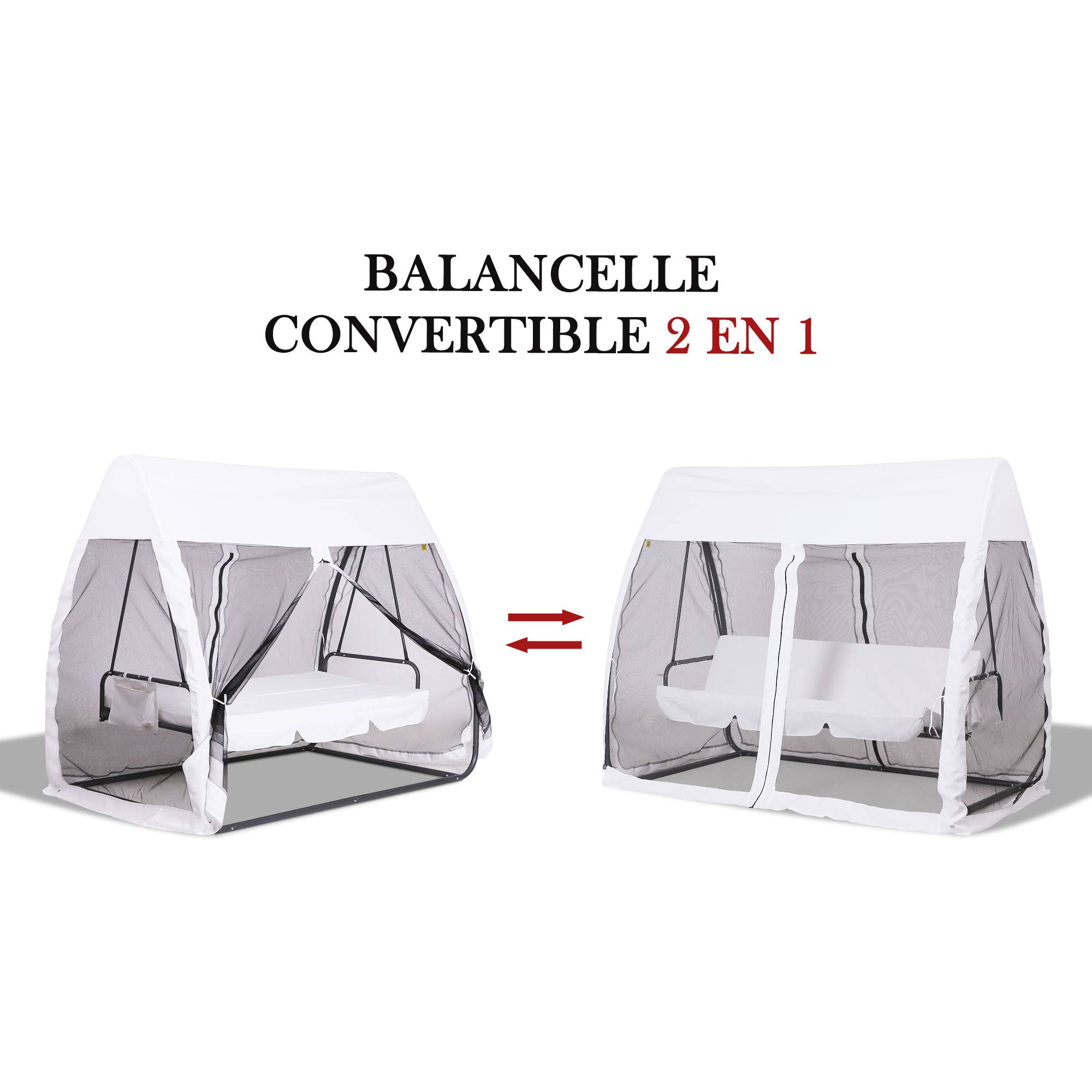 Outsunny - Balancelle de jardin convertible 3 places - matelas, moustiquaire intégrale zippée, toit,  rangement - métal époxy polyester blanc - Outsunny - Imagen 5