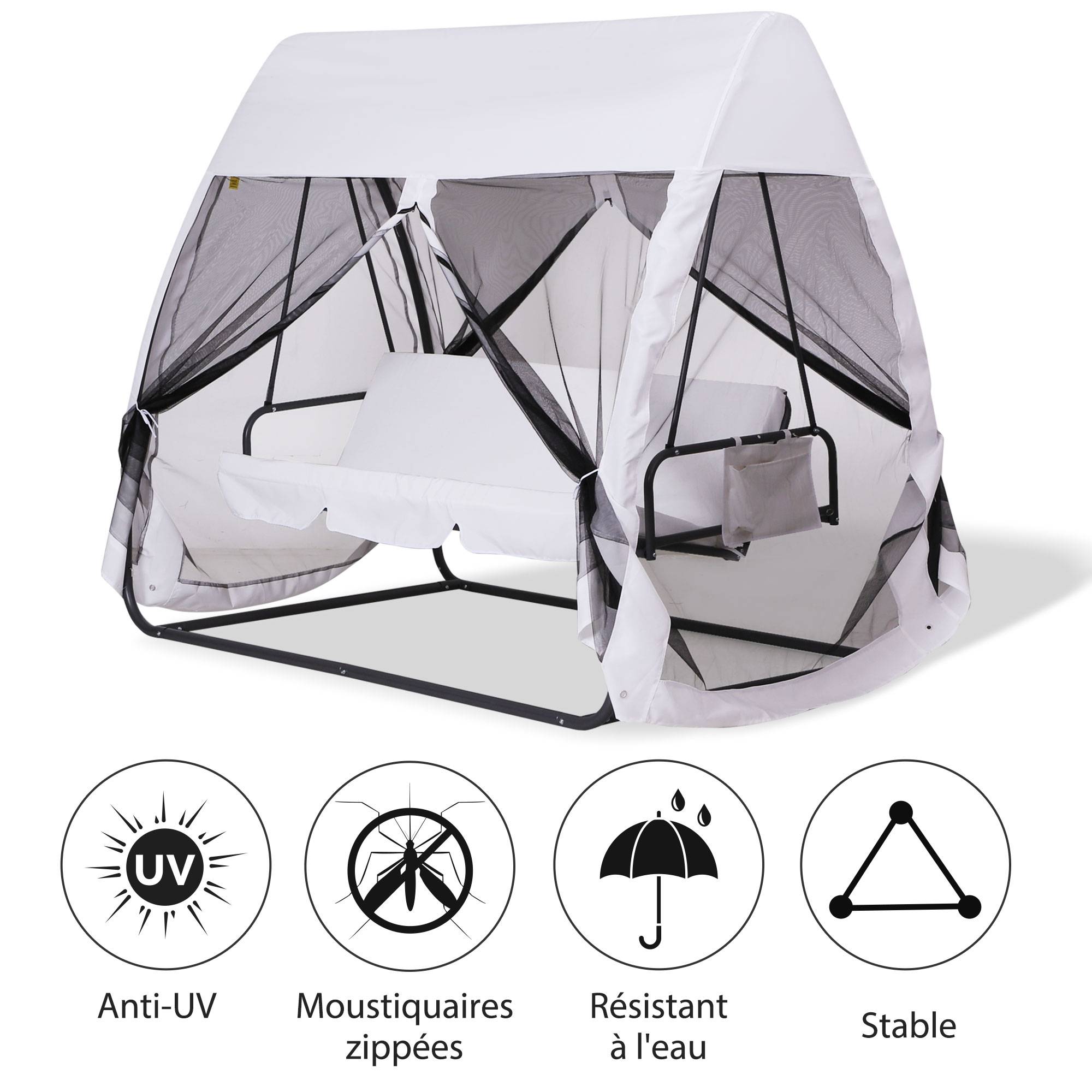 Outsunny - Balancelle de jardin convertible 3 places - matelas, moustiquaire intégrale zippée, toit,  rangement - métal époxy polyester blanc - Outsunny - Imagen 4
