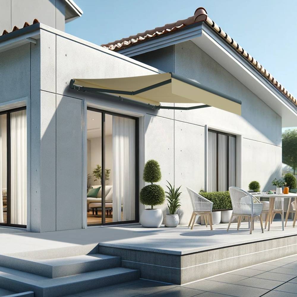 Store banne monobloc ESPAI 3,00x2,00m (Motorisé à télécommande + manœuvre de secours - Ecru - Gris anthracite) - Alia Productions - Imagen 1