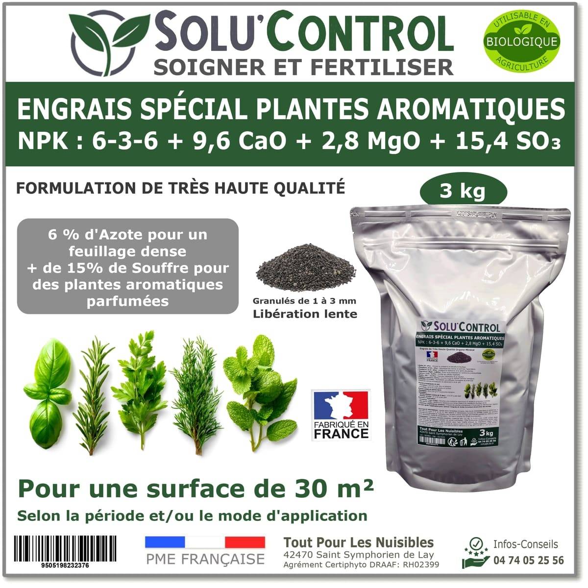 Tout pour les nuisibles - SOLU’CONTROL - 3 kg - Engrais Spécial Plantes Aromatiques NPK 6-3-6 - Favorise un feuillage dense - UAB - Image 1