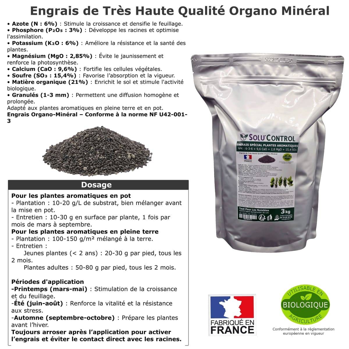 Tout pour les nuisibles - SOLU’CONTROL - 3 kg - Engrais Spécial Plantes Aromatiques NPK 6-3-6 - Favorise un feuillage dense - UAB - Image 2