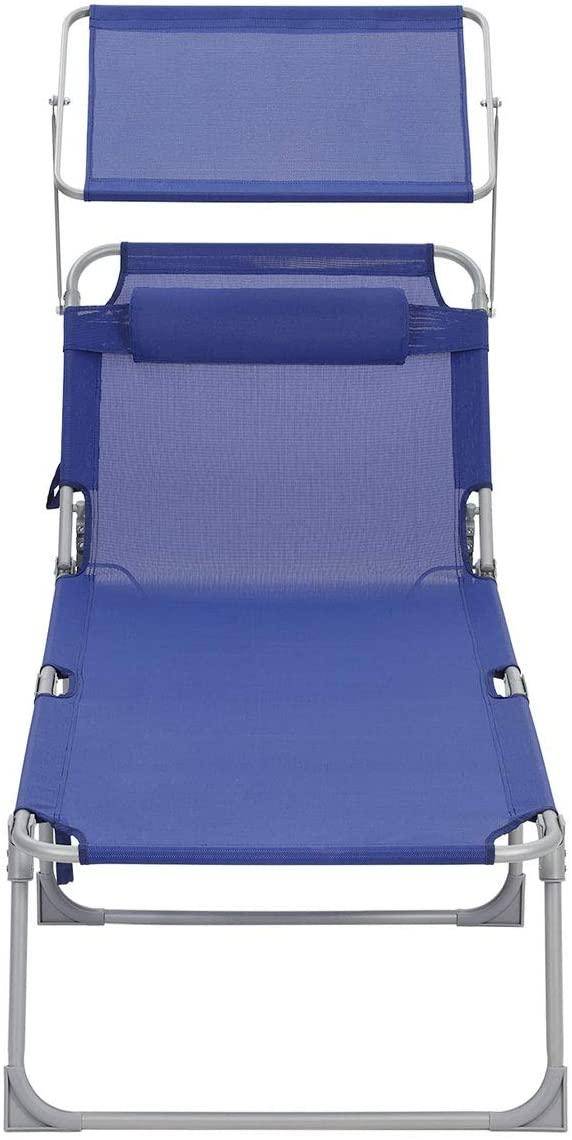 Helloshop26 - Chaise longue bain de soleil transat de relaxation grand modèle 71 x 200 x 38 cm charge 150 kg avec appui tête dossier et parasol inclinables pliable - Imagen 2