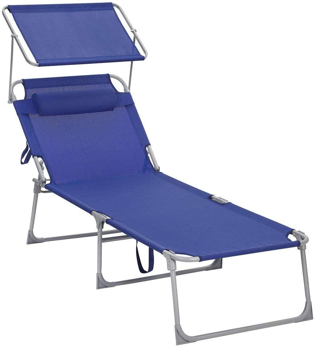 Helloshop26 - Chaise longue bain de soleil transat de relaxation grand modèle 71 x 200 x 38 cm charge 150 kg avec appui tête dossier et parasol inclinables pliable - Imagen 1