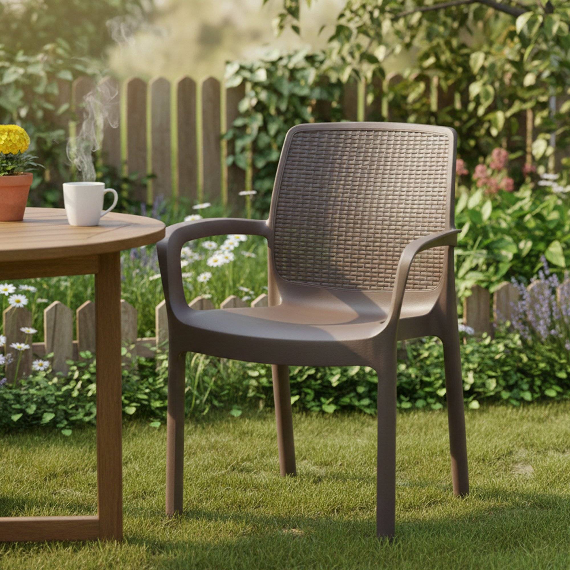 Dmora - Chaise d'extérieur Torino, Siège de jardin, Chaise pour table à manger, Fauteuil d'extérieur effet rotin, 100% Made in Italy, 54x60h82 cm, Marron - Imagen 2