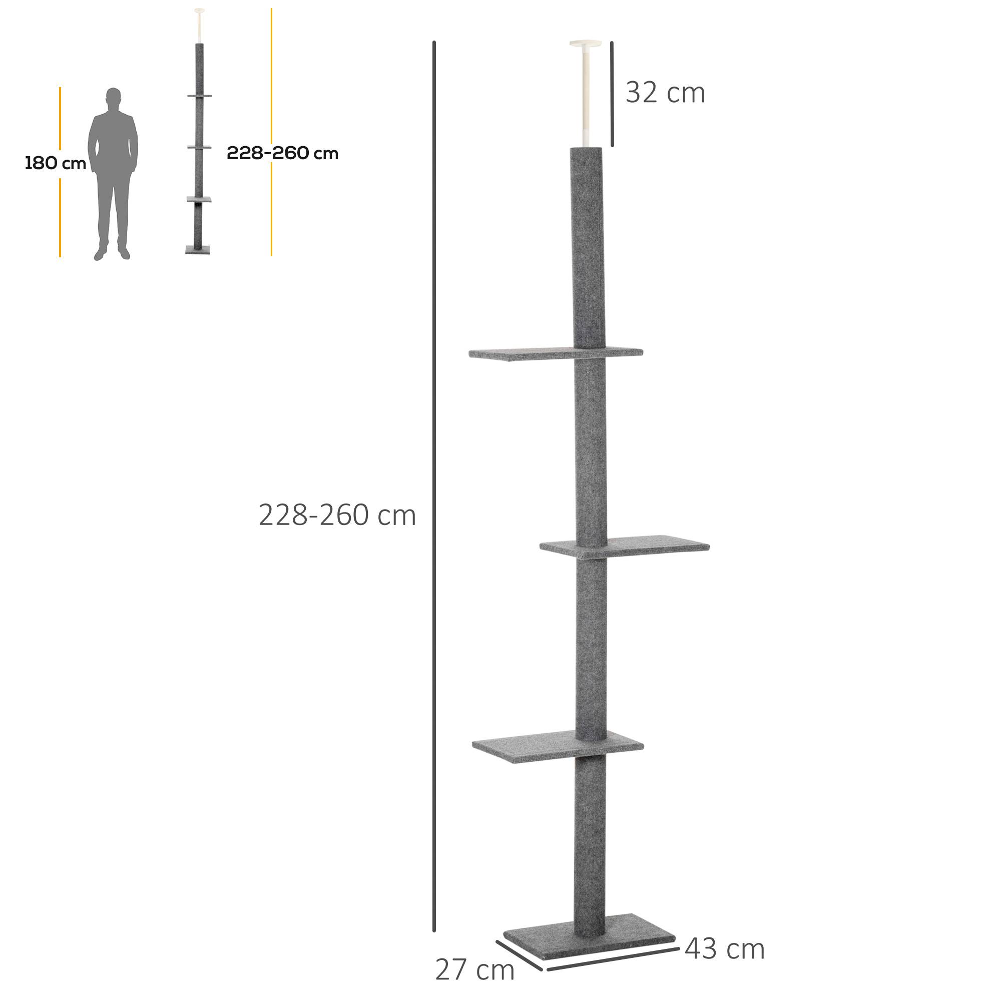 Arbre à chat PawHut hauteur plafond 228-260 cm plusieurs niveaux plateformes arbre à chat toutes tailles gris - Image 5