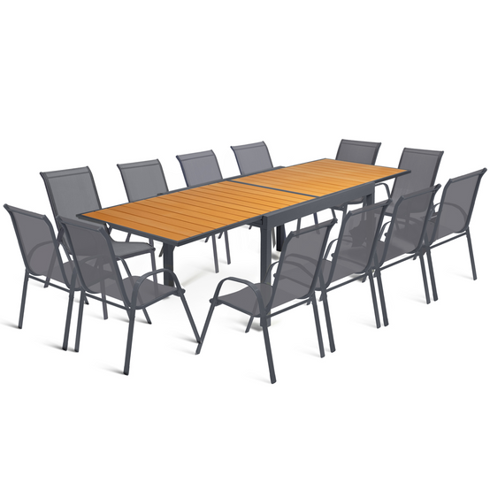 Salon de jardin POLY table extensible 135-270 CM et 12 chaises bois et gris foncé - Image 2