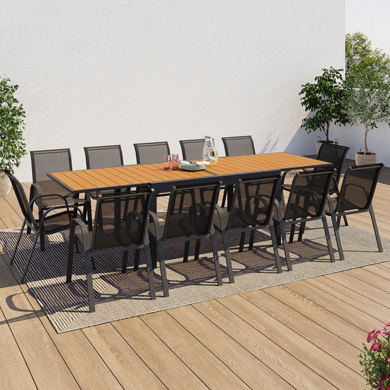 Salon de jardin POLY table extensible 135-270 CM et 12 chaises bois et gris foncé - Image 1