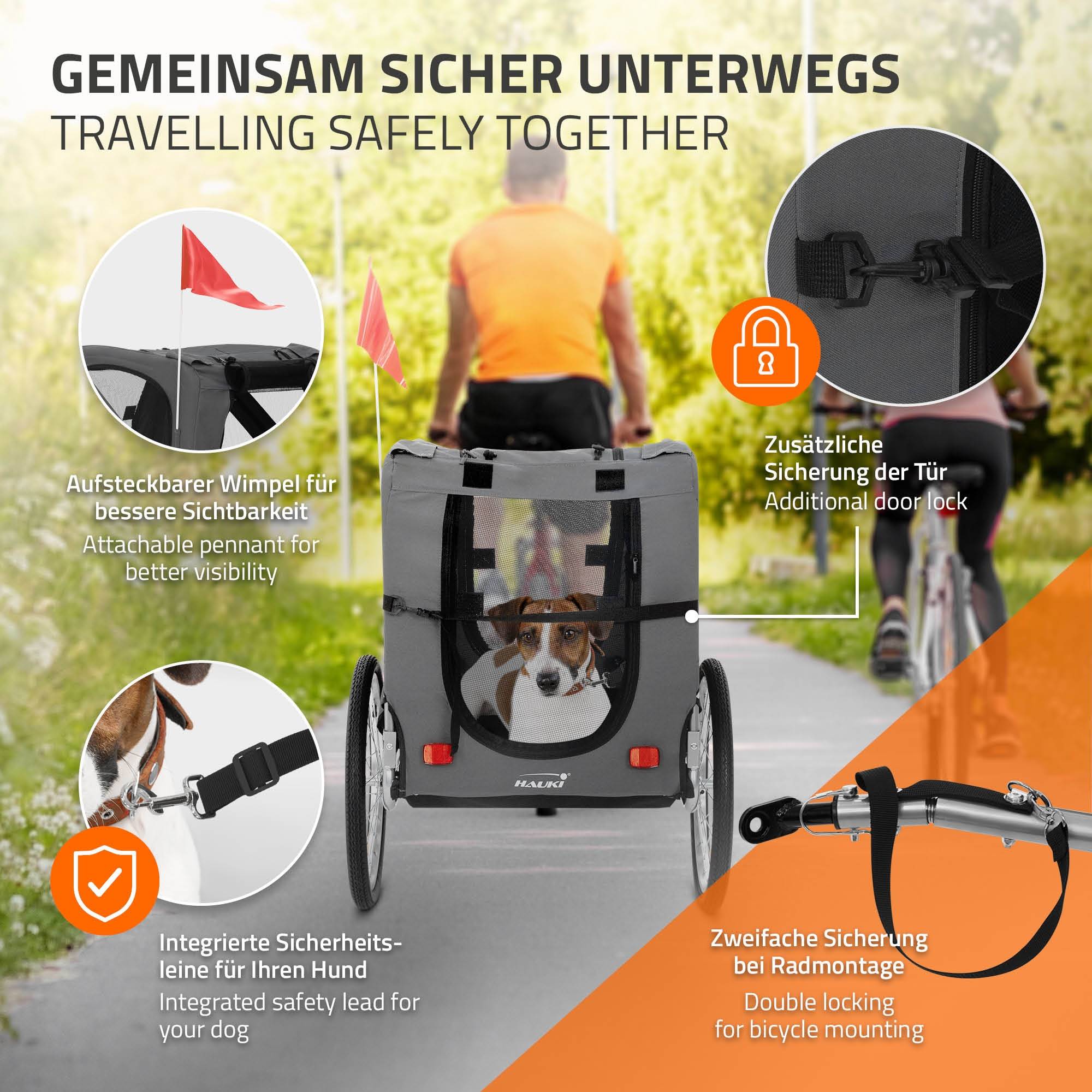 Remorque 2in1 de vélo et chien pliable gris chariot à réflecteurs/drapeau 40 kg - Imagen 5