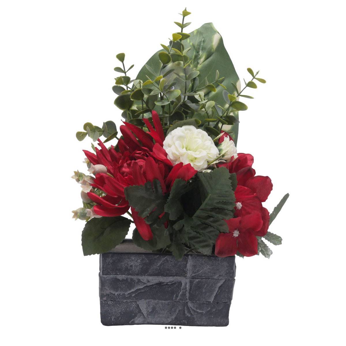 Artificielles - jardinièrre pot beton Chrysanthème, Hortensia, Dahlia et eucalyptus Rouge - couleur: Rouge - Imagen 1