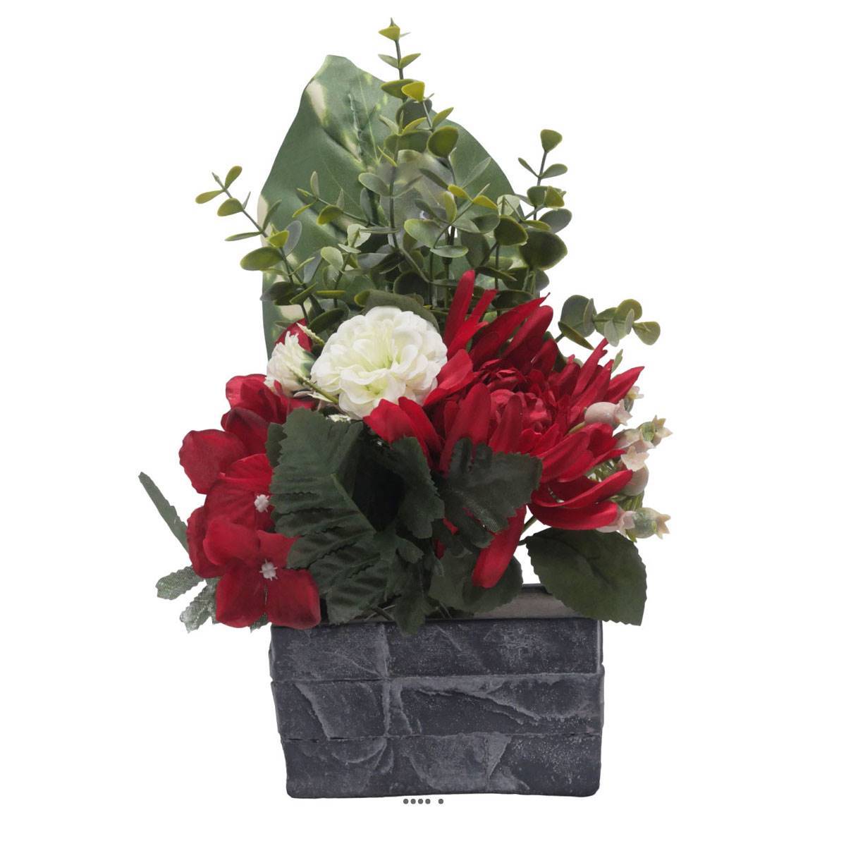 Artificielles - jardinièrre pot beton Chrysanthème, Hortensia, Dahlia et eucalyptus Rouge - couleur: Rouge - Imagen 2