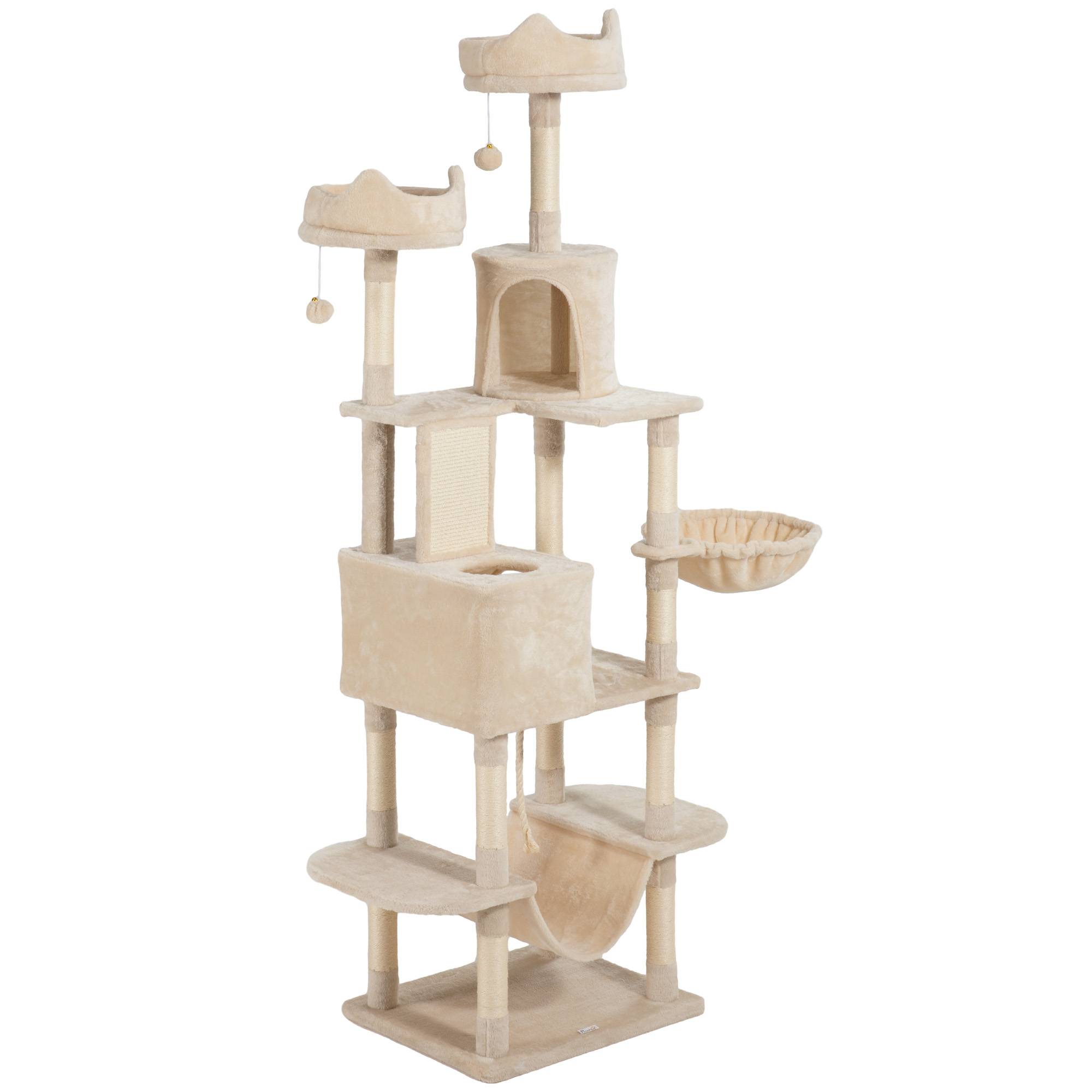 Arbre à chat géant, 206 cm de haut, avec plusieurs niveaux, niches, balles suspendues et hamacs, beige - Image 2