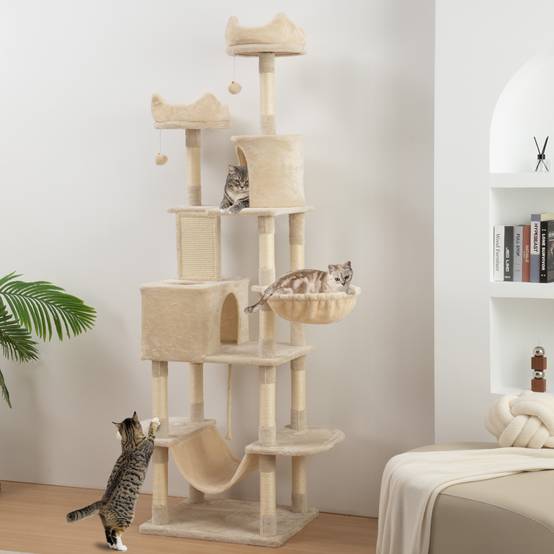 Arbre à chat géant, 206 cm de haut, avec plusieurs niveaux, niches, balles suspendues et hamacs, beige - Image 3