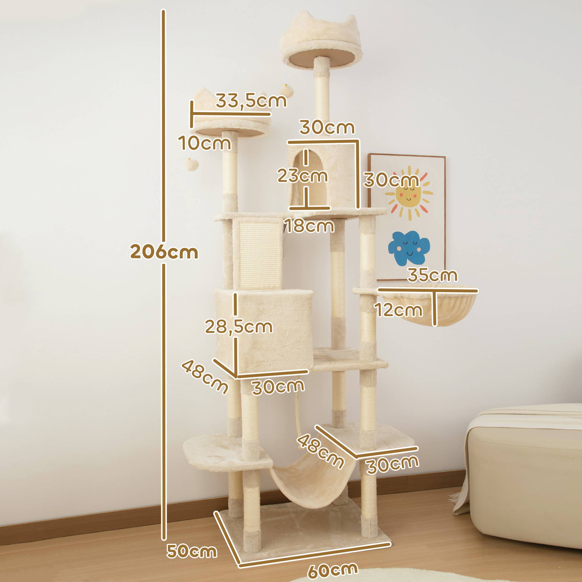 Arbre à chat géant, 206 cm de haut, avec plusieurs niveaux, niches, balles suspendues et hamacs, beige - Image 5