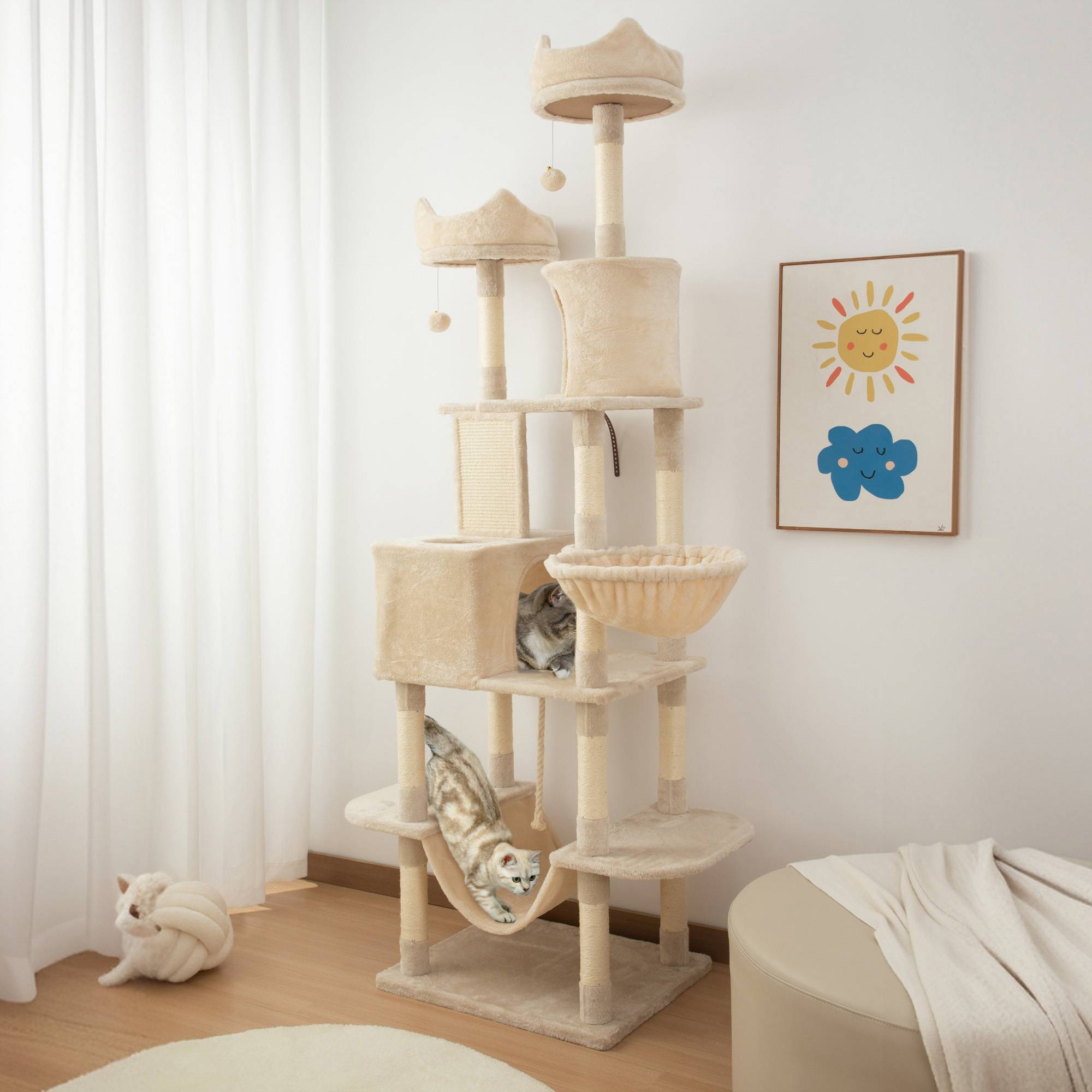 Arbre à chat géant, 206 cm de haut, avec plusieurs niveaux, niches, balles suspendues et hamacs, beige - Image 4