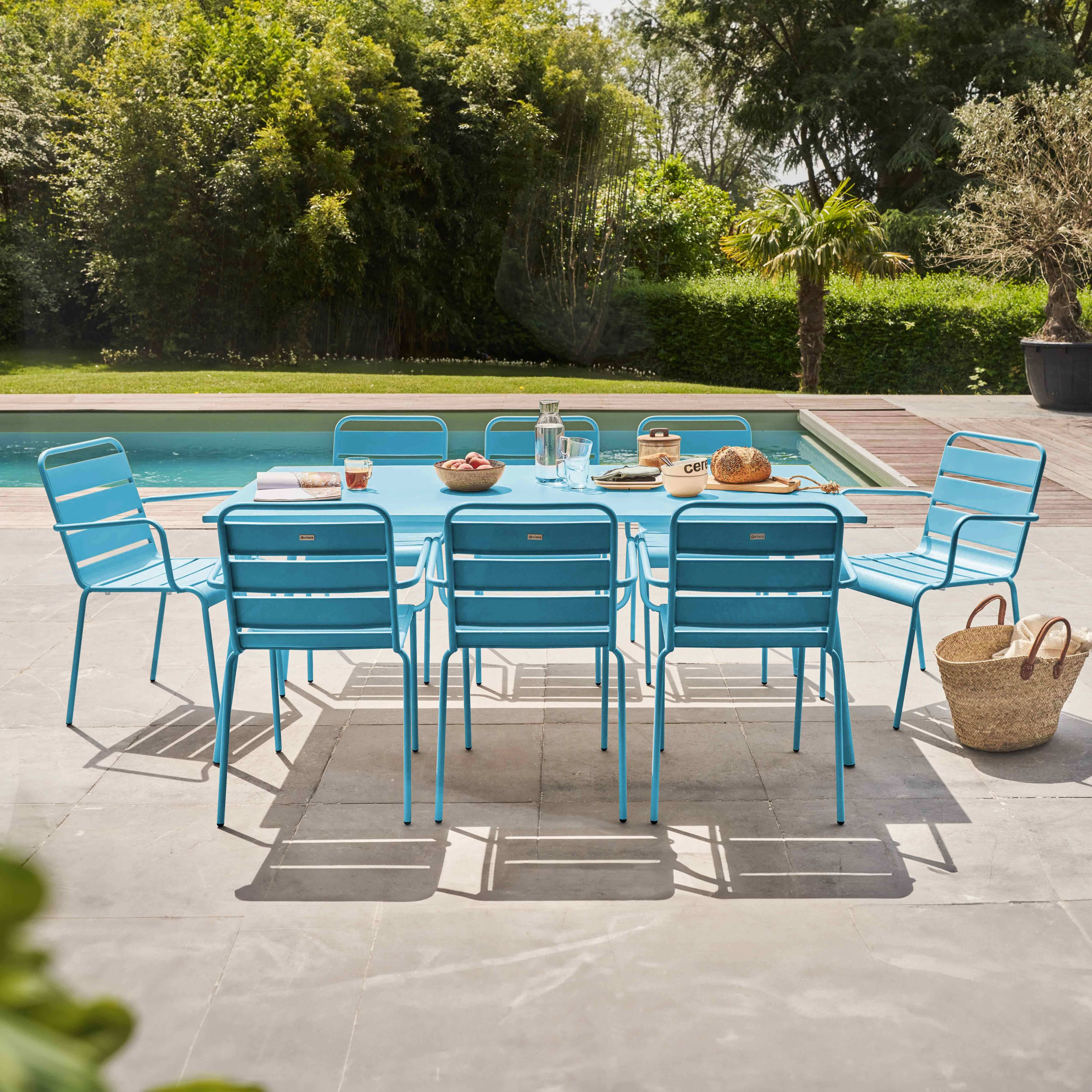 Oviala - Ensemble table de jardin et 8 fauteuils en métal bleu Palavas - Oviala - Imagen 2