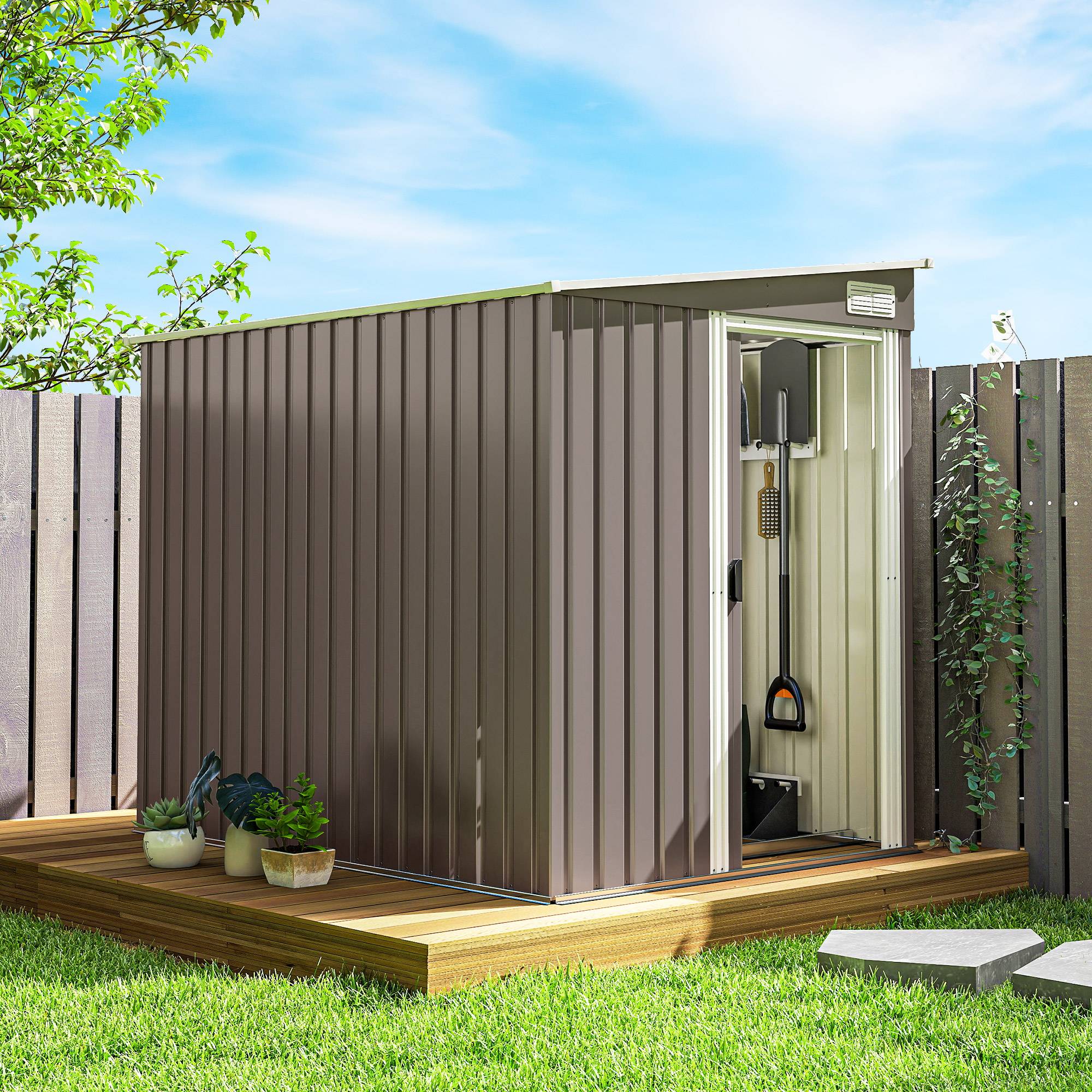 Abri de jardin adossé acier rangement extérieur porte coulissante 206x154x181cm gris - ComfortXL Outdoor Living - Image 4